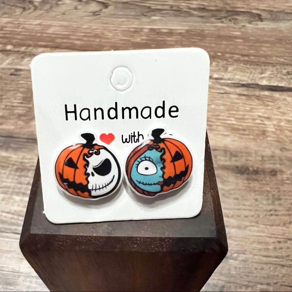 Jack and Sally, jack-o’-lantern, pumpkin stud earrings. New - Picture 6 of 11